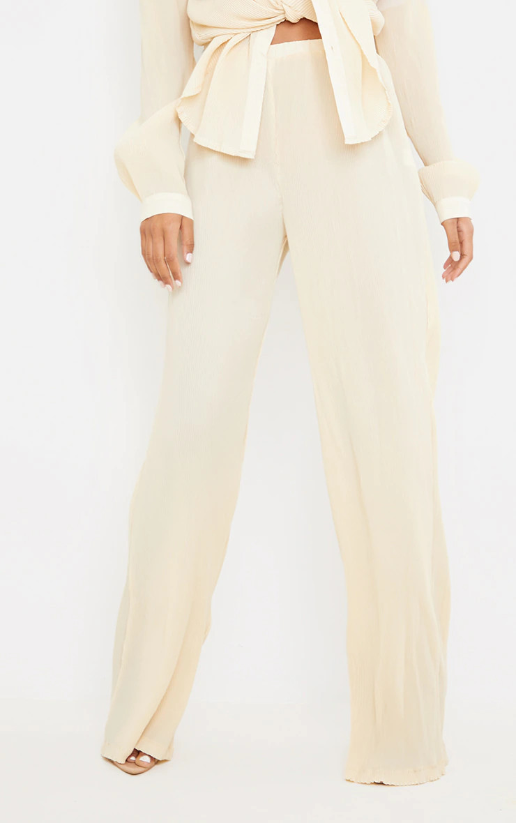 Tall  Cream Plisse Highwaisted Wide Leg Trousers | PrettyLittleThing UK