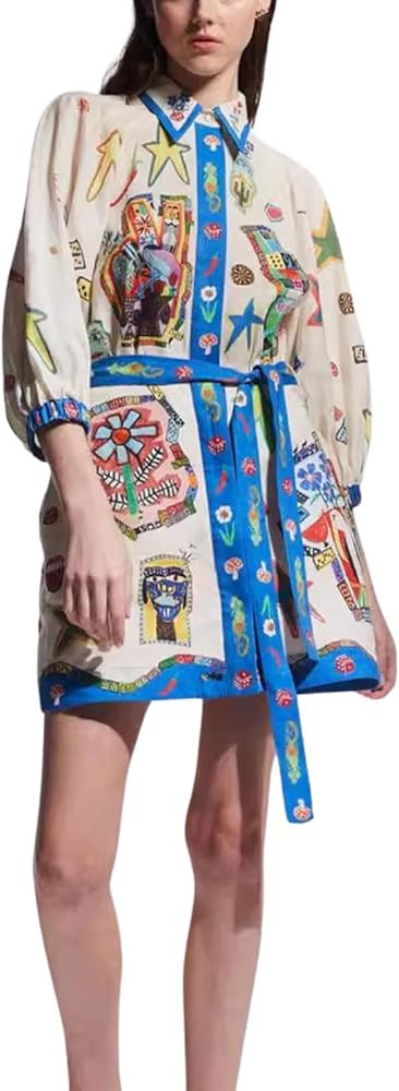 CHARTOU Women's Button Shirt Dress Floral Short Sleeve Lapel Collar Tie Knot Linen A Line Dress w... | Amazon (US)