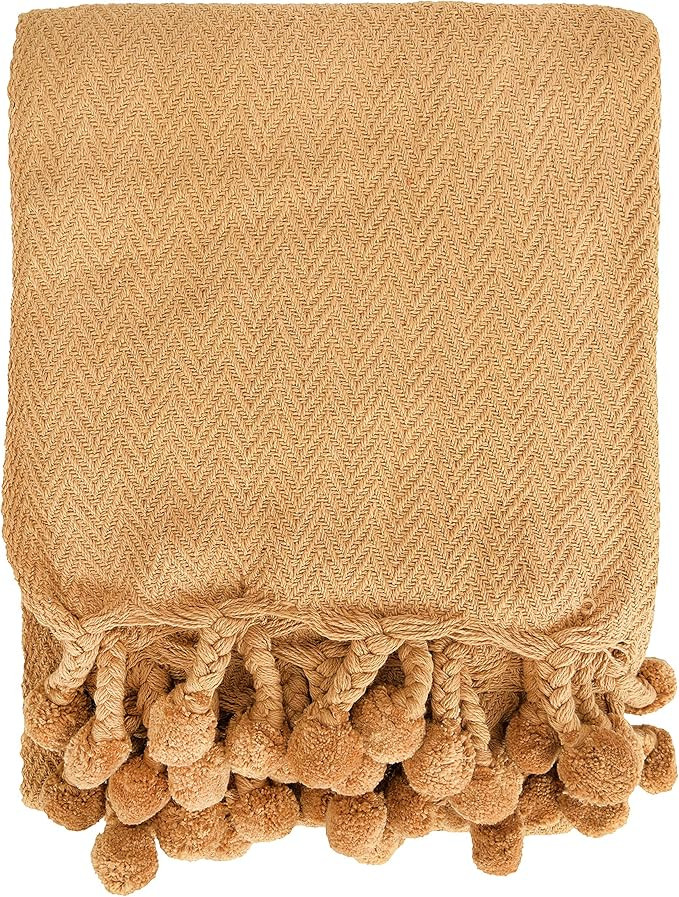 Creative Co-Op Braided Pom Tassels Dijon Cotton Throw | Amazon (US)