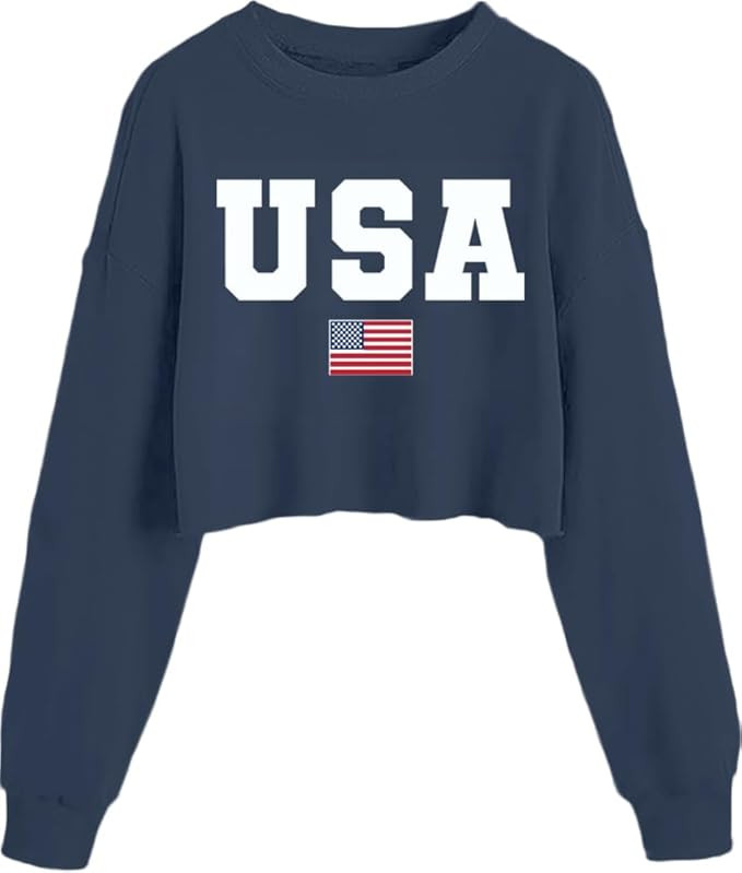 Amazon.com: NEWKA Womens USA Long Sleeve Crop Top American Flag Pullover Shirt 4th of July : Clot... | Amazon (US)