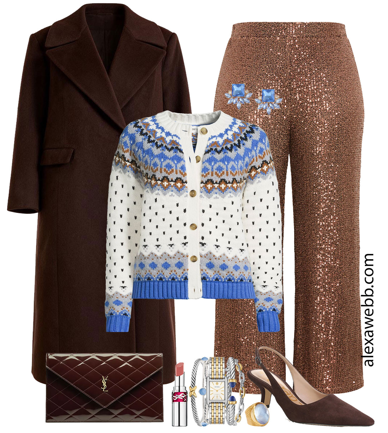 Plus Size Blue Holiday Outfits - A plus size holiday gathering outfit. Great for parties or dinners this holiday season. A little sparkle, yessss! A fair isle sweater is paired with sequin pants. Top with a chocolate brown maxi coat. Alexa Webb #plussize  

 #LTKSeasonal #LTKOver40 #LTKPlusSize