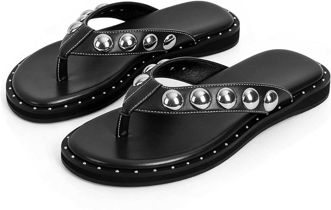 ZJGZF Studded Thong Sandals for Women Flip Flop Slides Round Toe Summer sandal Slip On Comfortabl... | Amazon (US)