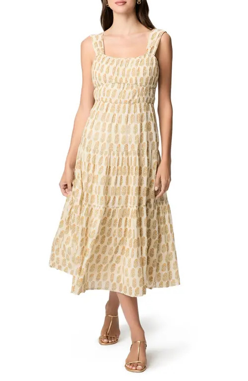 PAIGE Kinney Tiered Cotton Midi Dress in Bone Multi at Nordstrom, Size 14 | Nordstrom