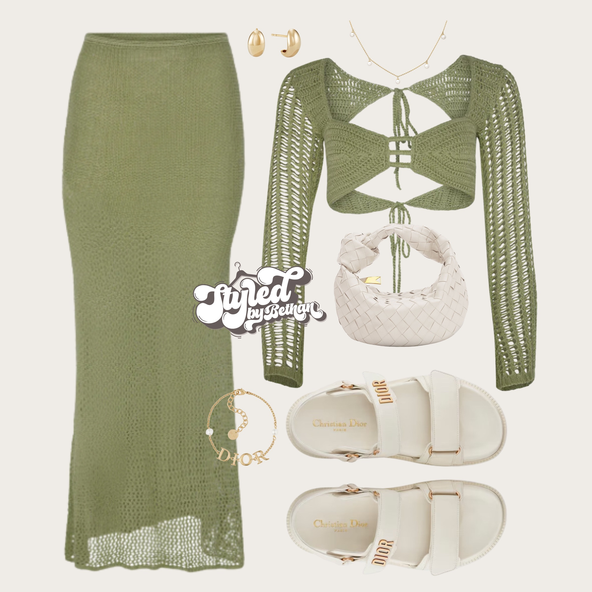 Summer nights 🤍 tags: tiger mist khaki sage green crochet maxi skirt and top co ord, Dior cream leather sandals, botegga cream knot bag, Dior gold necklace, mejuri gold earrings and necklace. Summer vacation holiday outfit inspiration inspo.

#LTKeurope #LTKsummer #LTKstyletip