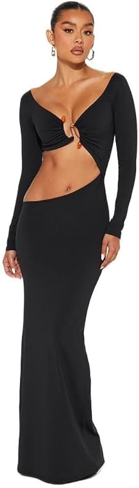Women Sexy Hollow Out Bodycon Dress Long Sleeve Belly Cutout Maxi Long Dresses for Cocktail Party... | Amazon (US)