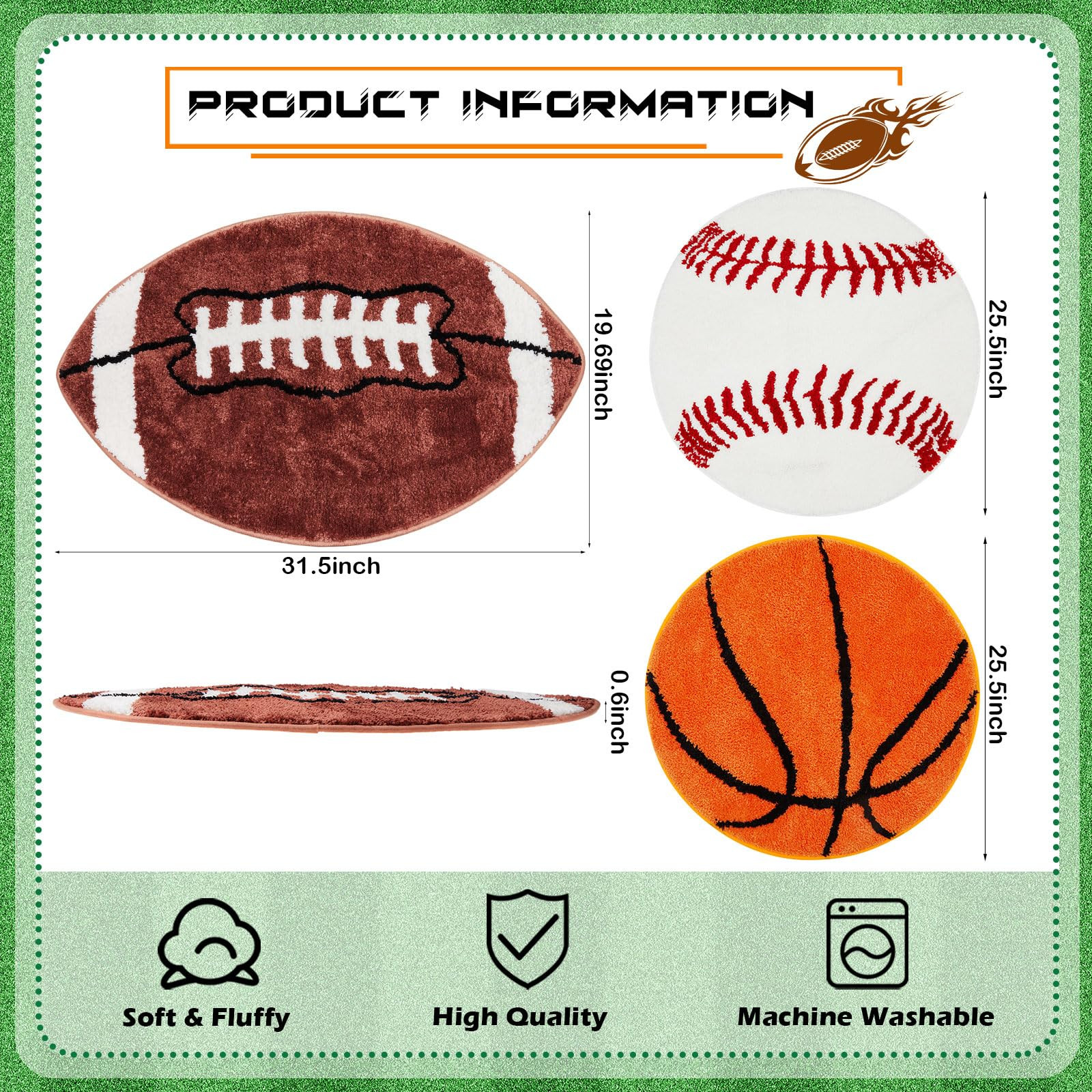 3 Pcs Football Sports Rug Round Basketball Bathroom Non Slip Baseball Bathroom Mat Decorative Foo... | Amazon (US)