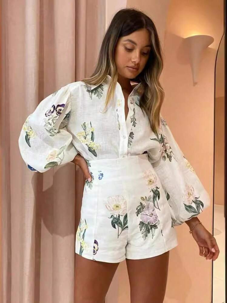 Conjuntos De 2 Piezas Para Mujer Floral Print Long Sleeve Blouse And Matching Shorts | SHEIN