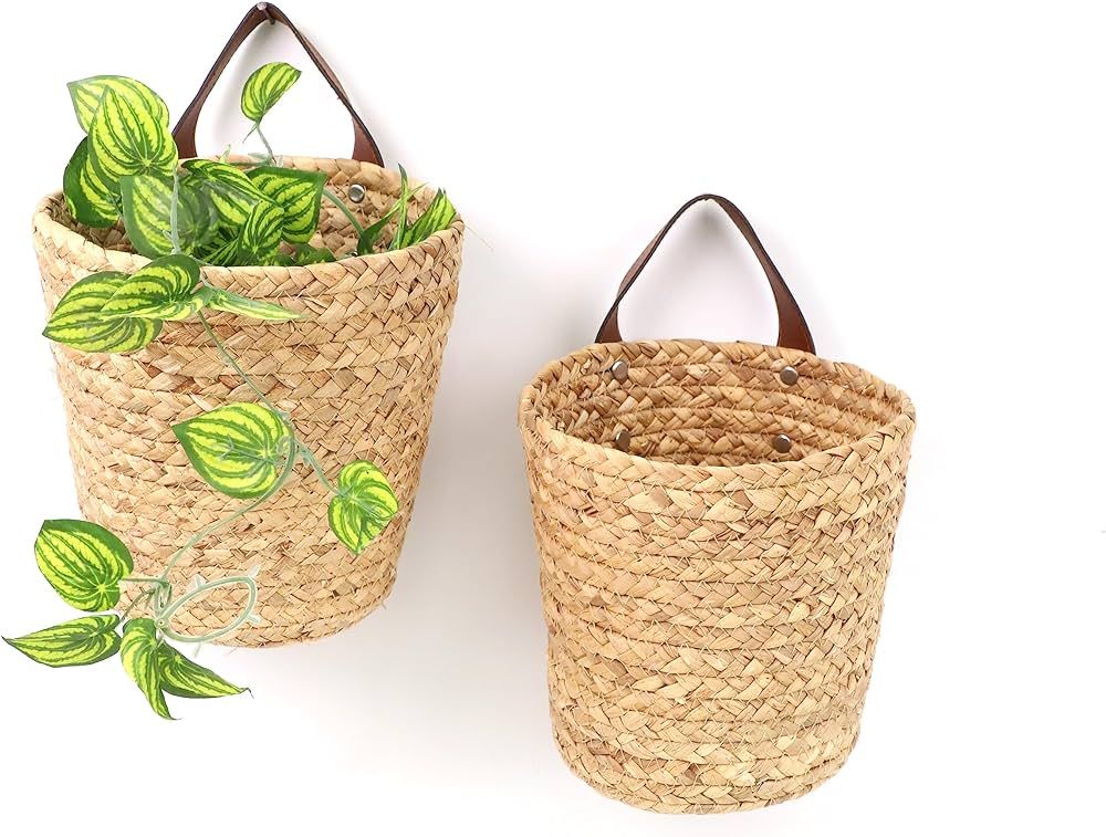 YRMT Water Hyacinth Hanging Storage Baskets 2 Pack Woven Wall Hanging Baskets for Organizing Flow... | Amazon (US)