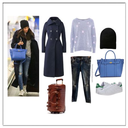 Meghan Markle Mackage Elodie coat, mulberry blue bag, 360 star sweater, adidas Stan smith sneakers, hat attack beanie, ghurka suitcase 

#travel #airport #casual 
