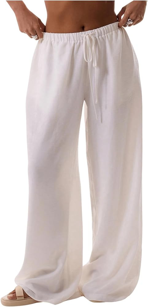 Womens Linen Pants Wide Leg Loose Cotton Swimsuit Coverups Summer Pants Beach Vacation Outfits | Amazon (US)