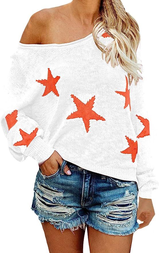 COCOLEGGINGS Women's Scoop Neck Long Sleeve Star Pullover Sweater Tunic Tops | Amazon (US)