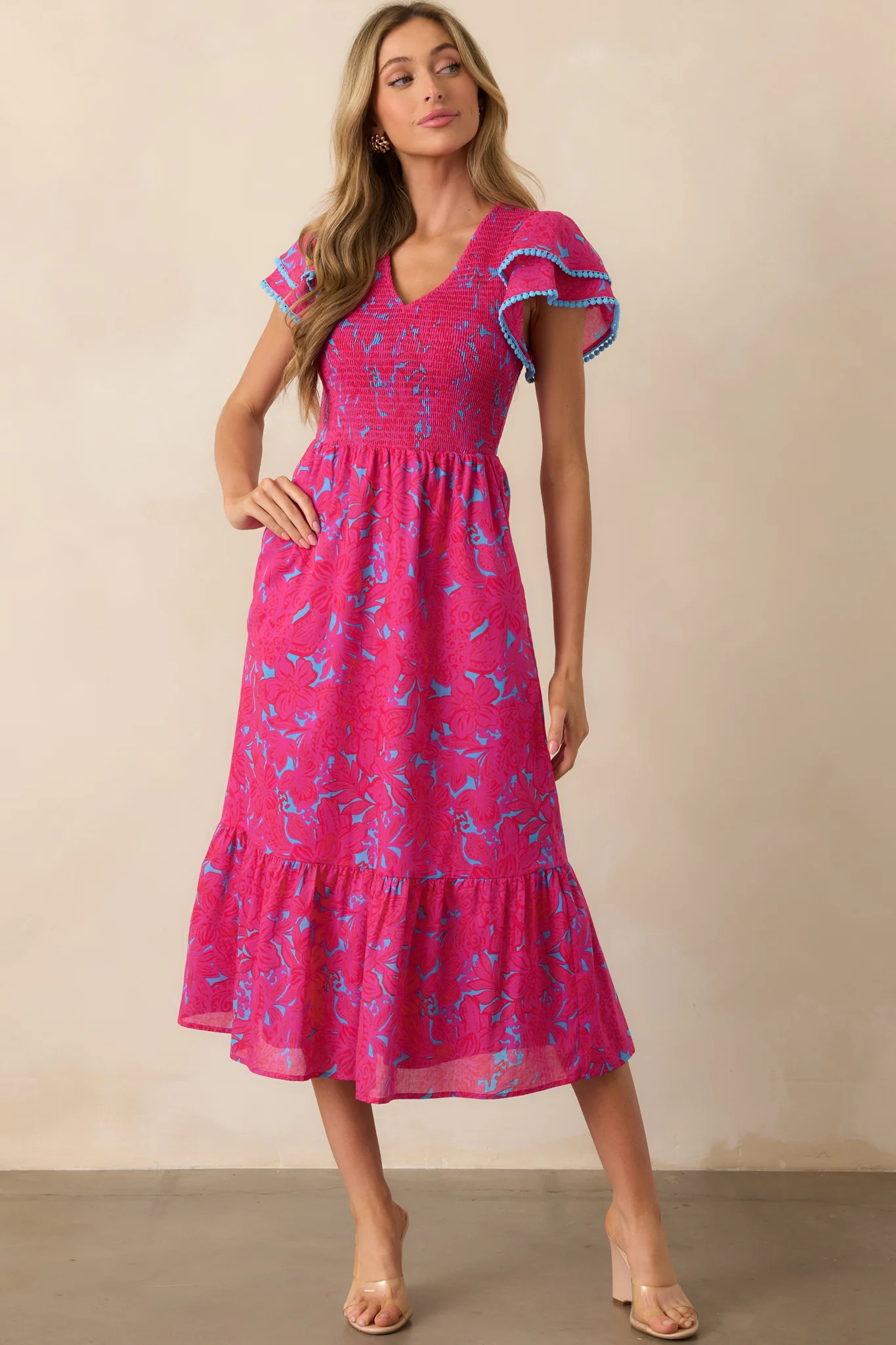 Never A Dull Moment Fuchsia Floral Cotton Midi Dress | Red Dress