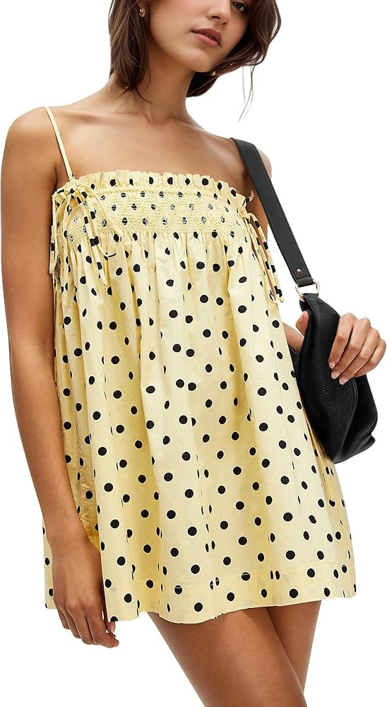 Women Polka Dot Sleeveless Square Neck Backless Spaghetti Strap Smocked Flowy Ruched Sexy Mini Ca... | Amazon (US)