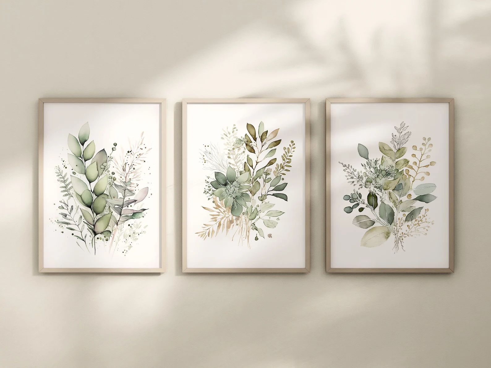 Watercolor Botanical Print, Set of 3, Sage Green, Beige, Wild Flowers Art, Boho Floral Bundle, Mo... | Etsy (US)