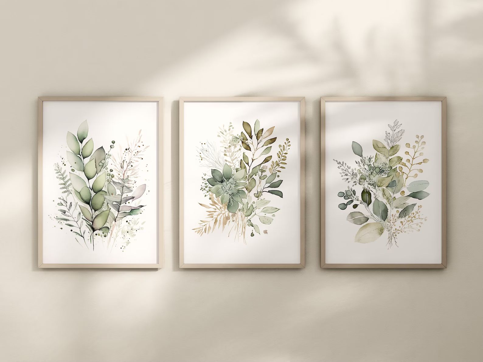 Watercolor Botanical Print, Set of 3, Sage Green, Beige, Wild Flowers Art, Boho Floral Bundle, Mo... | Etsy (US)