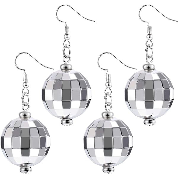 5 Pairs Disco Ball Earrings Silver Mirror Ball Earrings 60's or 70's Dance Party Costume Accessories | Amazon (US)