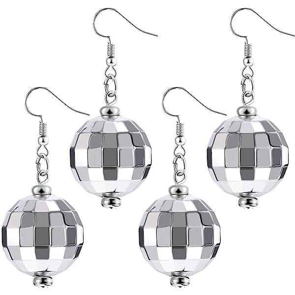 5 Pairs Disco Ball Earrings Silver Mirror Ball Earrings 60's or 70's Dance Party Costume Accessories | Amazon (US)