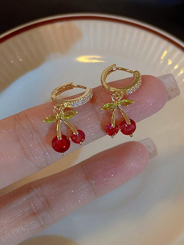 1pair Sweet Lovely Delicate Rhinestone Cherry Earrings, Suitable For Women | SHEIN USA | SHEIN