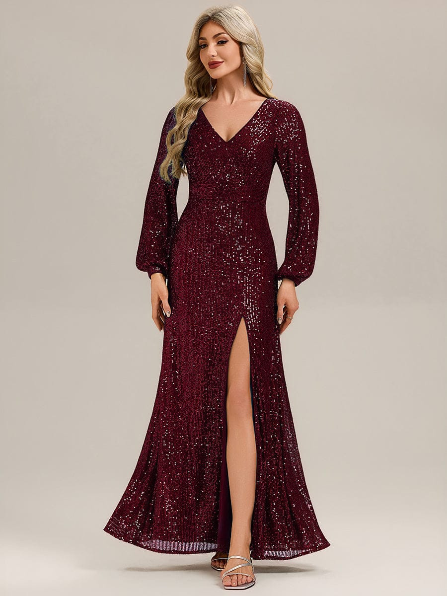 ever ELINOR|Deep V-Neck Sequin Lantern Sleeve Evening Dress | Ever Pretty Garment Inc