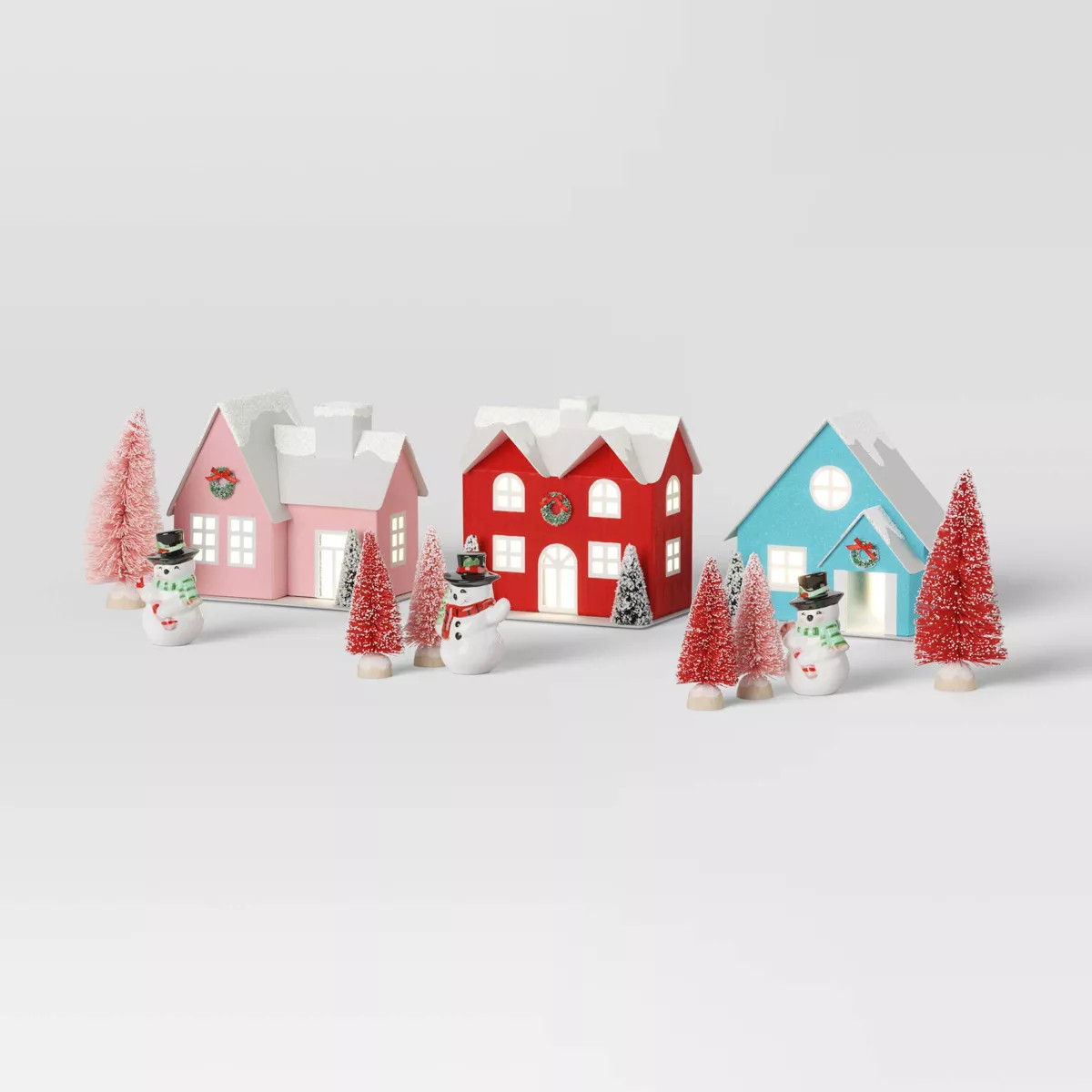 12pc Battery Operated Glittered Paper Christmas Village Set with Bottle Brush Trees and Snowmen -... | Target