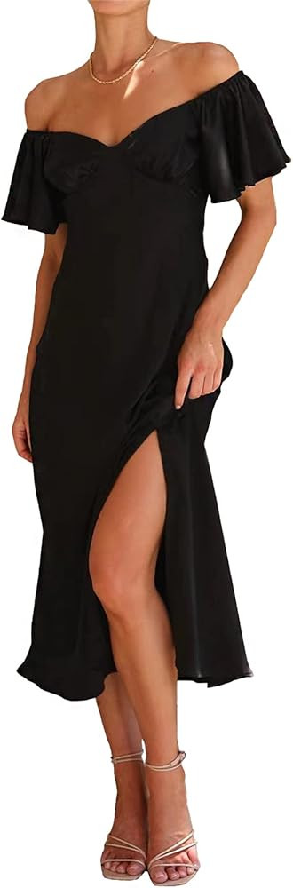 2023 Summer Women's Satin Off Shoulder Formal Dress Wedding Guest Elegant Butterfly Sleeve Split ... | Amazon (US)
