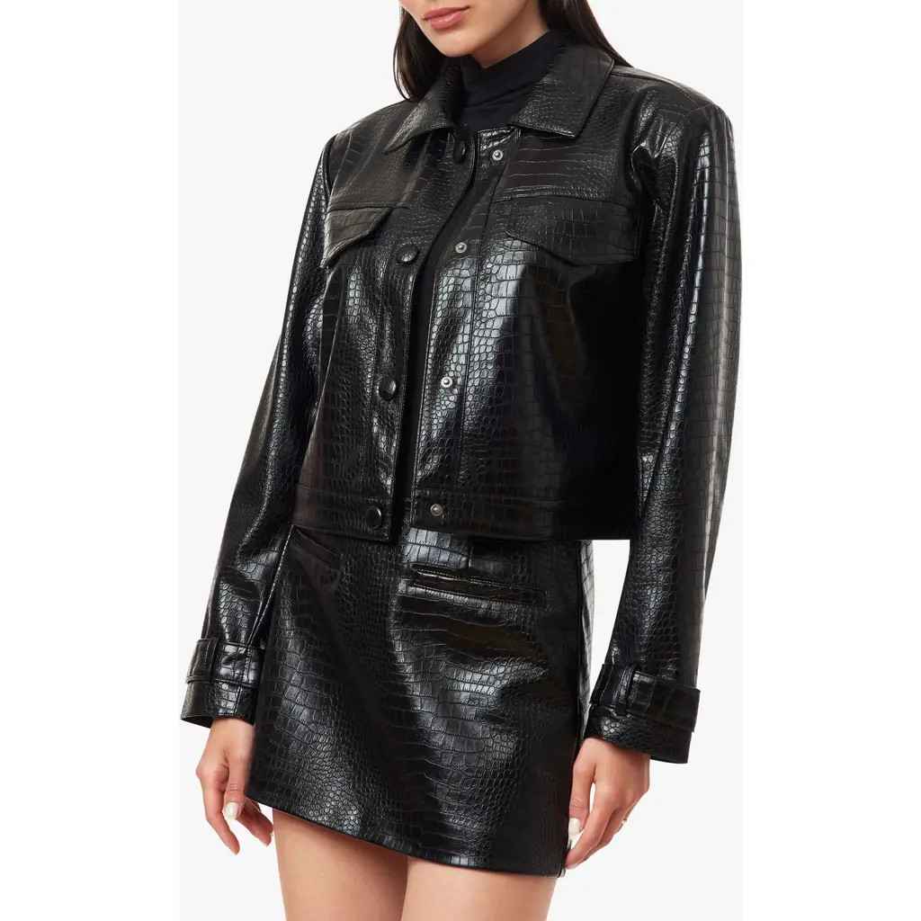Habitual Croc Embossed Faux Leather Shrunken Jacket in Jet Black at Nordstrom, Size Large | Nordstrom