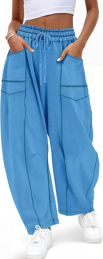 Aoysky Womens Baggy Barrel Wide Leg Pants Casual Drawstring Elastic Waist Contrast Stitch Workout... | Amazon (US)