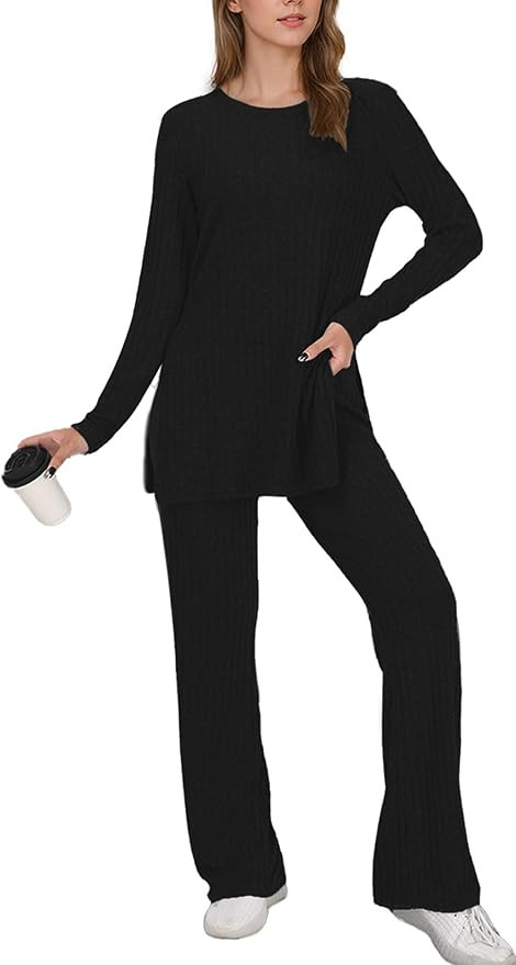 Casual Knit Lounge Sets for Women 2 Piece Pajama Set Long Sleeve Tops Long Pants Set Matching Out... | Amazon (US)