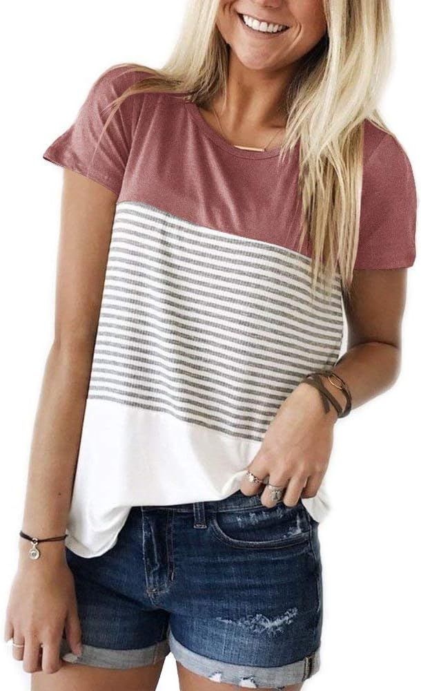 YunJey Round Neck Triple Color Block Stripe T-Shirt | Amazon (US)