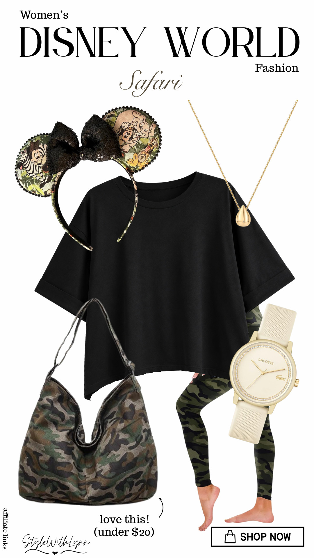 Channel your wild side on your next Disney World adventure with this chic safari-inspired Disney outfit! A classic black oversized cropped tee keeps it effortless and comfortable, while the safari Minnie ears, camo slouch bag, coordinating accessories, and leggings add the perfect touch of adventure. 🐾✨

This look is giving Animal Kingdom outfit inspiration without feeling like a costume, perfect for a full park day, safari photos, and exploring every corner of the wild side of Disney! 🌿🦒

And that camo bag? Under $20! 😍

🛍️ Shop this look and all my favorite Disney outfit finds through my LTK.
✨ Follow for more Disney World outfit inspiration, women’s Disney fashion, Animal Kingdom looks, and magical vacation style!

#DisneyWorldOutfit #AnimalKingdomOutfit #DisneyOutfit #DisneyStyle #DisneyFashion #DisneyWorldFashion #DisneyOutfitInspiration #DisneyBounding #DisneyMom #AnimalKingdom #DisneyVacation #DisneyStyleForWomen #DisneyParks #DisneyWorldTips #CamoOutfit #SafariOutfit #DisneyFashionInspo 

 #LTKootd #LTKmomlife #LTKTravel