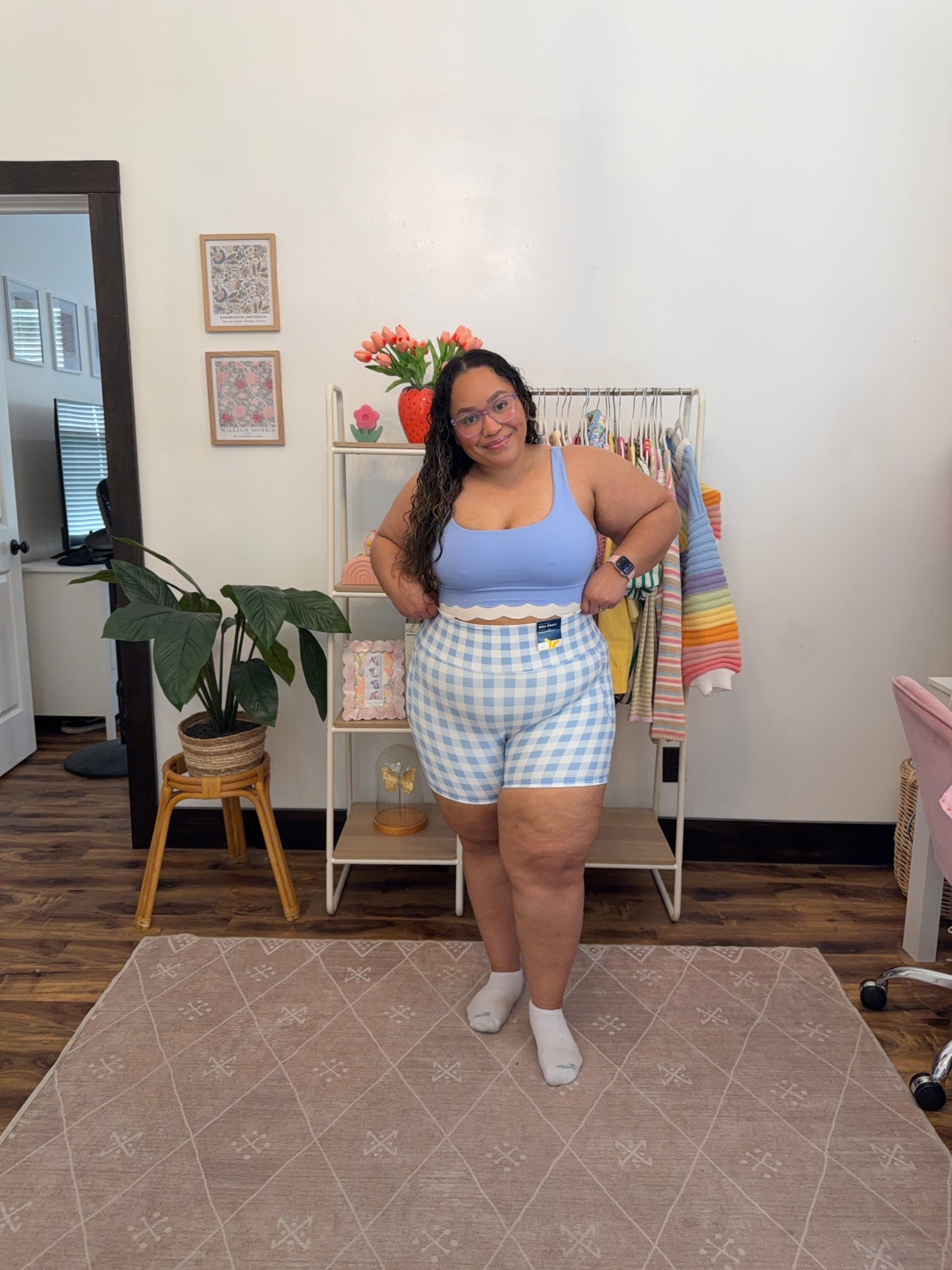 Old navy biker shorts - blue gingham 6 in shorts on a size 16 
Wearing the XL and 50% off sale 

#LTKPetite #LTKSaleAlert #LTKPlusSize