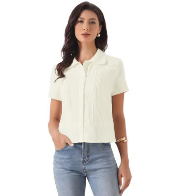 INSPIRE CHIC Women's Button Down Short Sleeve Turndown Collar Dressy Casual Work Blouses X-Small Beige | Target