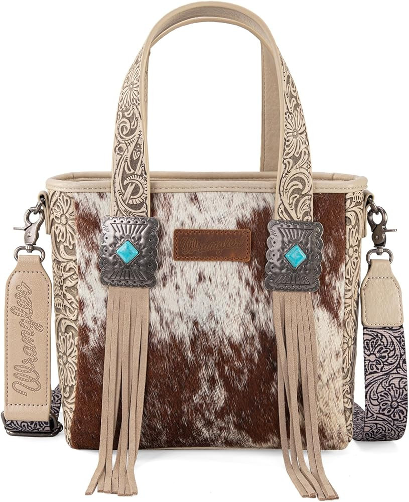 Montana West X Wrangler Cowhide Tote Bag for Women Western Tooling Handbag Leather Fringing With ... | Amazon (US)