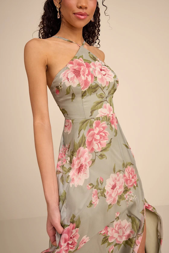 Romantic Marvel Sage Floral Print Halter Neck Maxi Dress | Sage Green Dress | Lulus