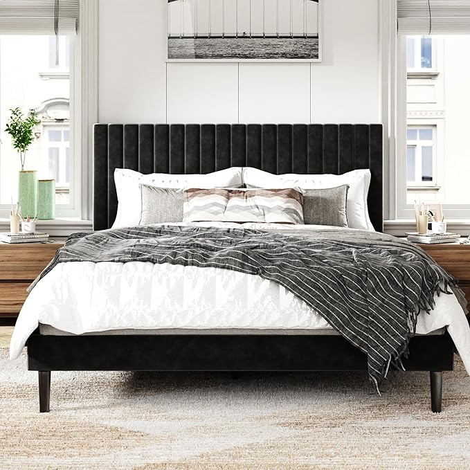 Queen Size Bed Frame with Velvet Upholstered Headboard, Platform Bed with Strong Wood Slats, Matt... | Amazon (US)