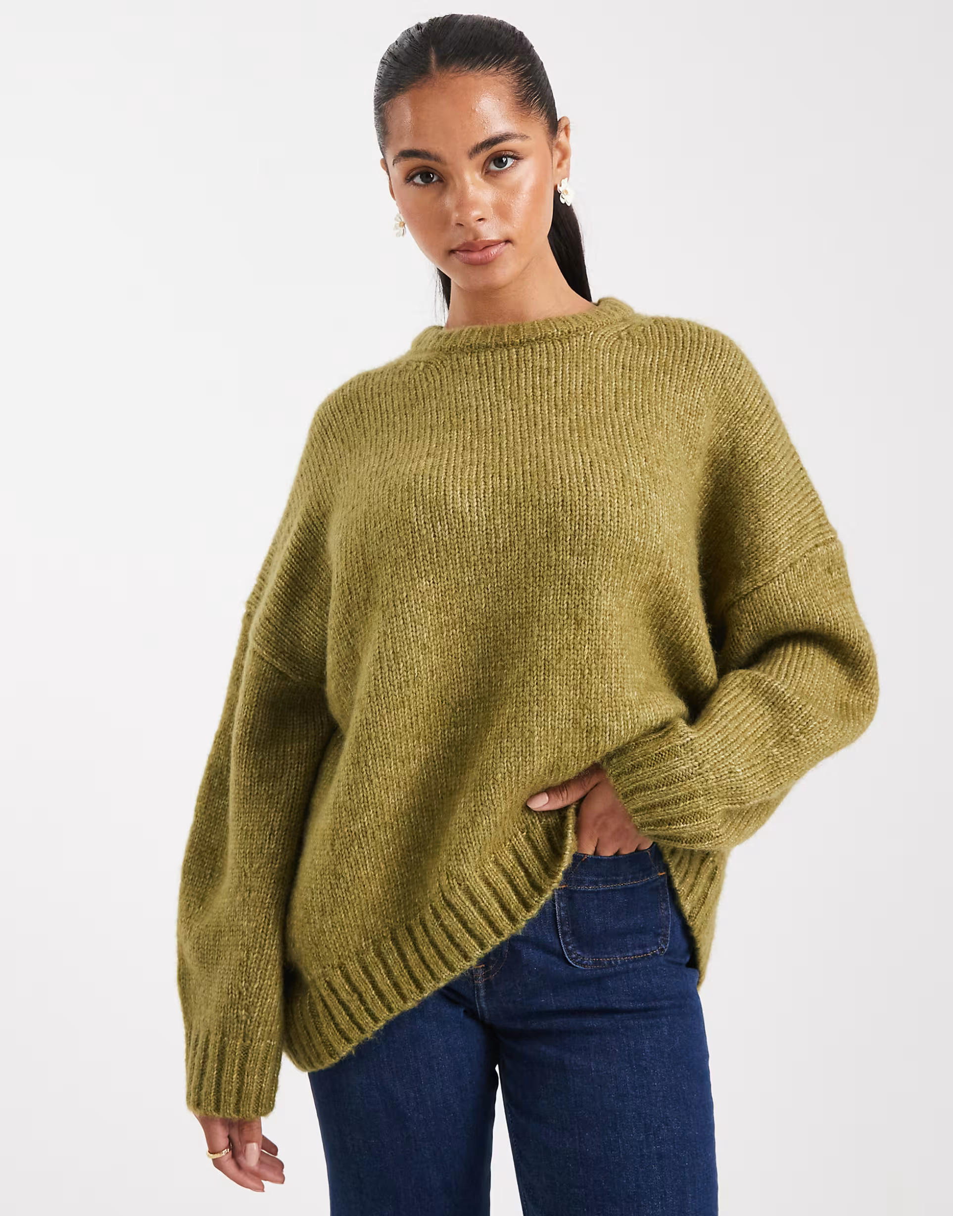 ASOS DESIGN oversized crew neck sweater with curved hem in olive | ASOS | ASOS (Global)