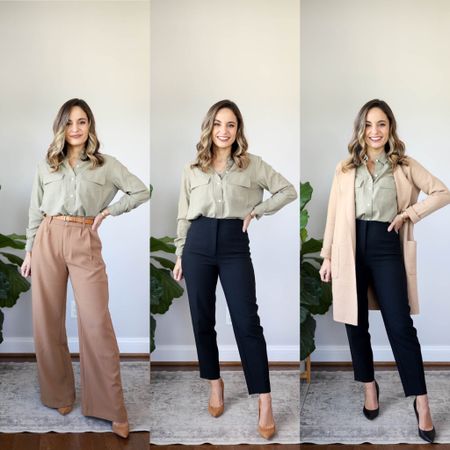 Workwear capsule 

Top: xxs (everlane) oversized 
Wide leg pants: xs short (Abercrombie) sized up
Long cardigan: xxs (j. Crew) 
Shoes are the same in different color, true to size 

#LTKworkwear