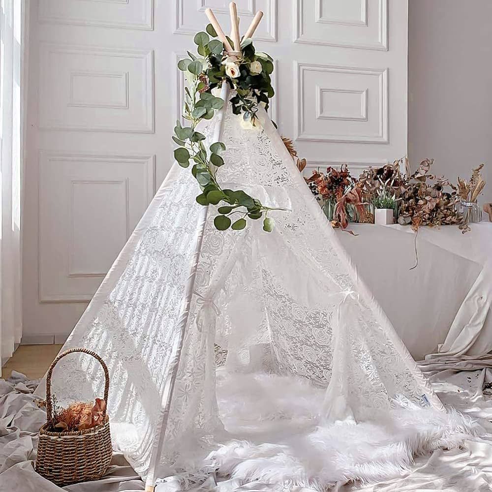 Lace Teepee Tent for Girls, Boho Tent White Teepee Sheer Lace Tipi Canopy for Wedding, Party, Pho... | Amazon (US)