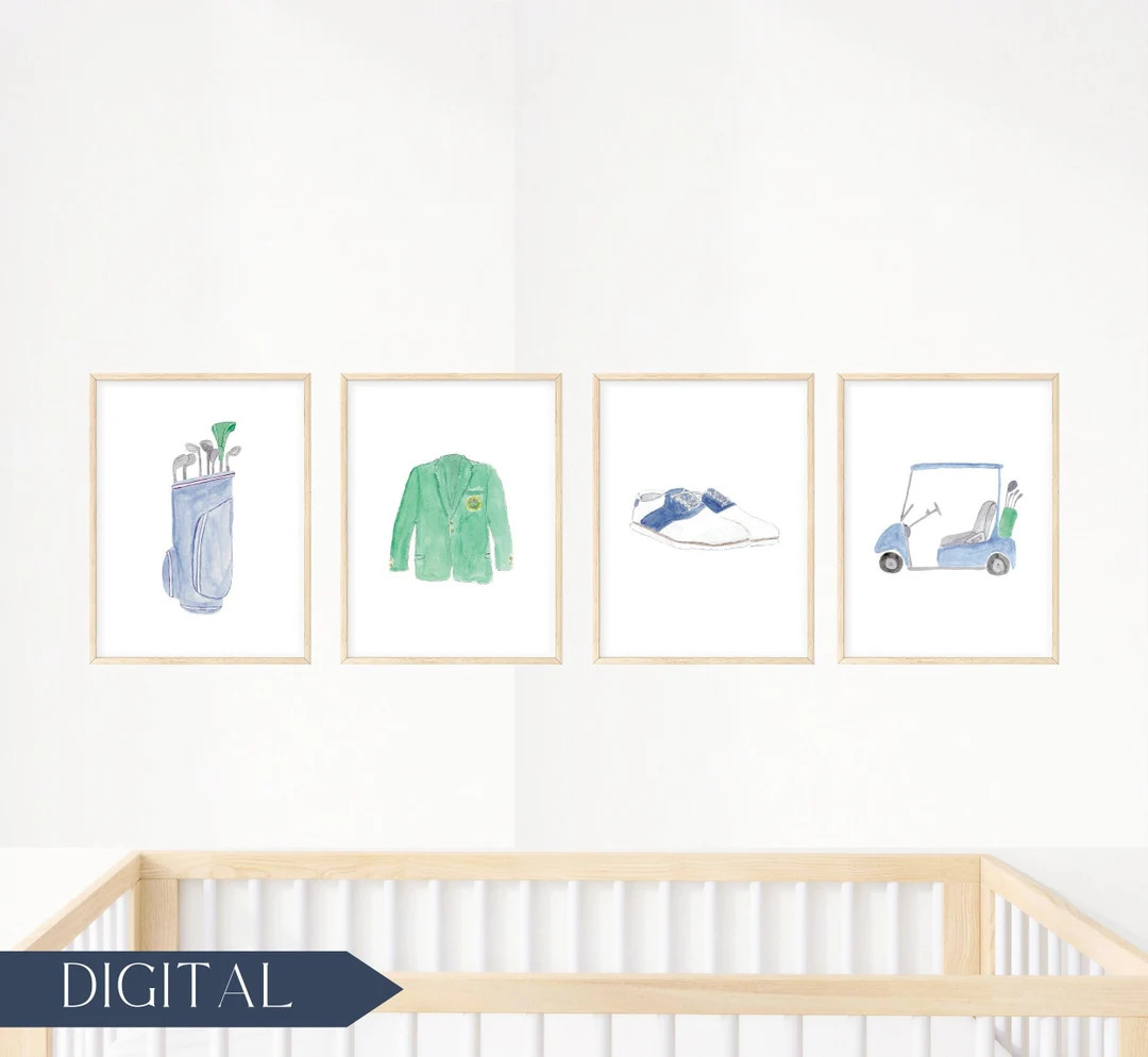 Watercolor Golf Bag, Masters Jacket, Golf Shoes, Golf Cart Golf Watercolor Nursery Wall Art Print... | Etsy (US)