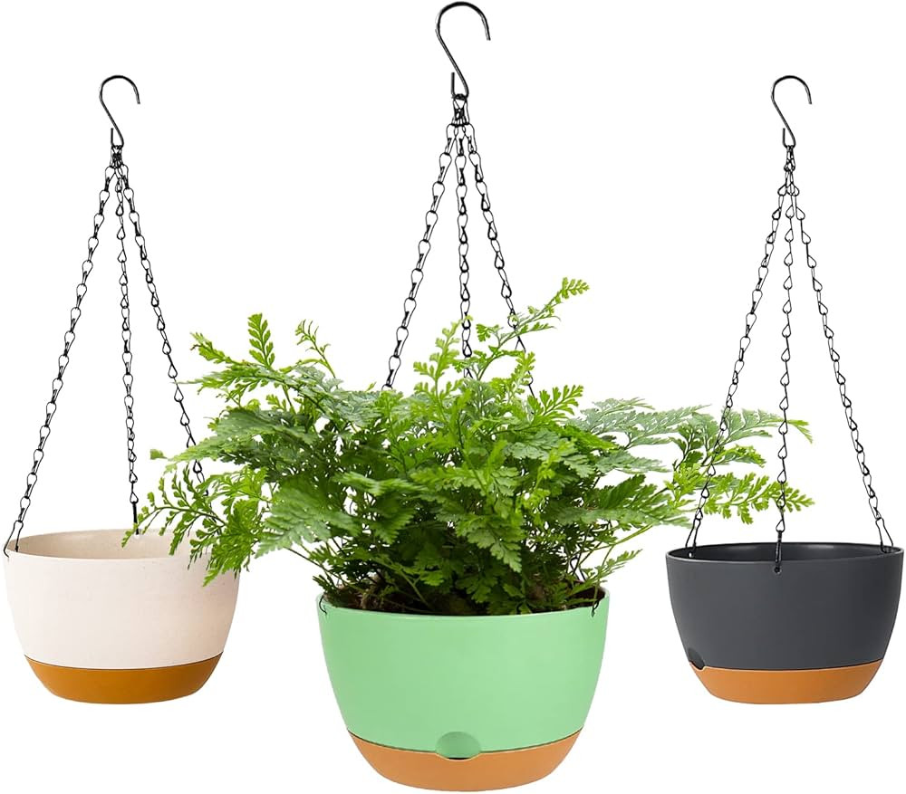 3 Pack 8.26 Inch Hanging Planters, Plastic Self-Watering Hanging Flower Plant Pot, Decorative Flo... | Amazon (US)