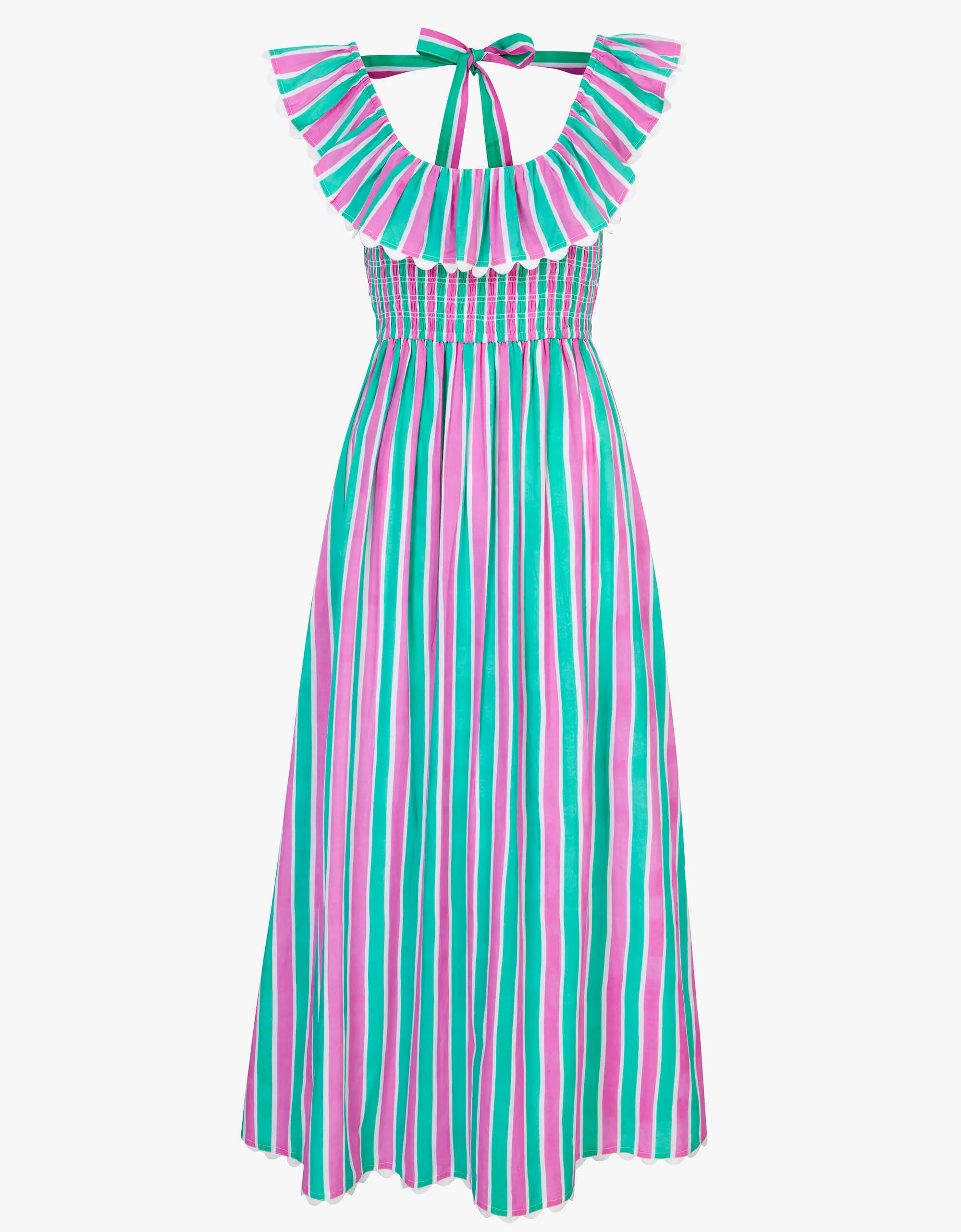 Susie Dress | Lilac & Mint Green Stripe Midi | Screen Print Cotton | Pink City Prints UK