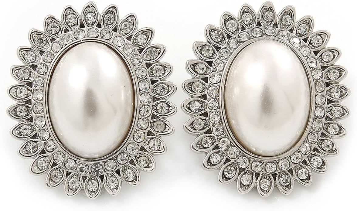 Large Crystal, Pearl Oval Shape Clip On Stud Earrings In Rhodium Plating - 30mm L | Amazon (US)