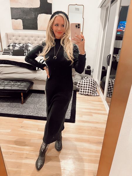 The perfect winter black dress 🖤 I’m wearing with cowboy boots but would be cute with converse, adidas or nikes. 

#LTKSeasonal #LTKfindsunder100 #LTKstyletip