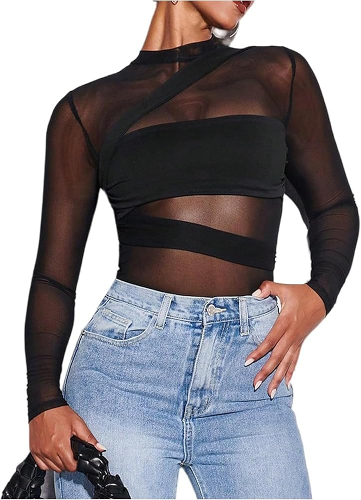 Milumia Women's Mesh Sheer Bodysuit Tops Crew Neck Long Sleeve Going Out Rave Leotards | Amazon (US)