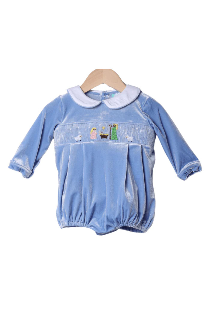 Smocked Away In a Manger Blue Velvet Bubble | The Smocked Flamingo