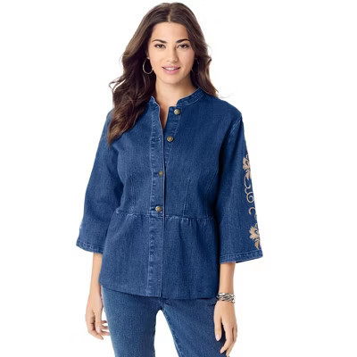 Roaman's Embroidered Button Front Peplum Denim Jacket - 28 W, New Khaki Swirl Embroidery | Target