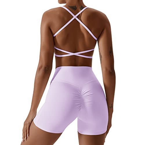 IWEMEK Workout Sets for Womem 2 Piece Criss Cross Back Sport Bra Cross Waist High Waist Booty Shorts with Pocket Exercise Gym Yoga Outfits Cross Back Purple Large | Amazon (US)