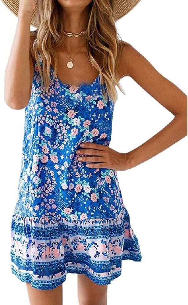 Womens Boho Floral Printed Dress Summer Sleeveless Adjustable Strap Beach Mini Dress with Pockets | Amazon (US)