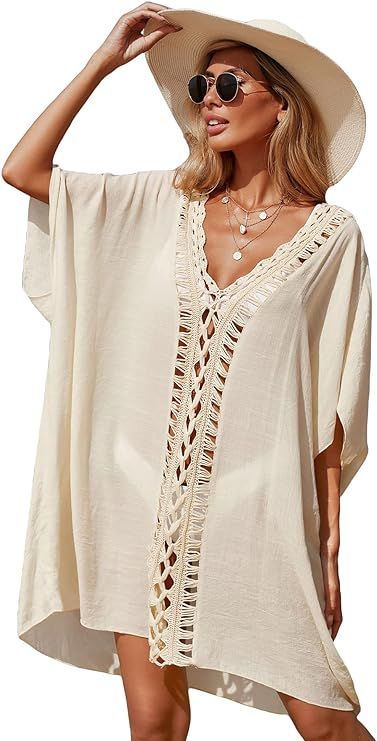 SHENHE Women's Crochet Hollow Out V Neck Short Sleeve Beach Dress Bikini Cover Up Shirt | Amazon (US)
