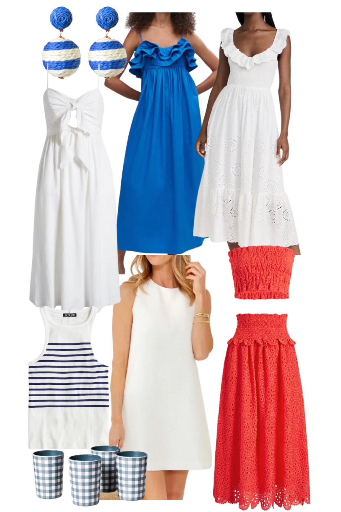4th of July outfits. Blue ruffle top midi dress. Two-piece red lace set. Red eyelet strapless crop top. Red eyelet midi skirt. White mini shift dress. White cutout midi dress. White eyelet dress with ruffle sleeves. Navy and white stripe tank top. Blue gingham cups. Blue and white rattan ball drop earrings. 4th of July dresses. 
.
.
.
.
… 

#LTKSeasonal #LTKunder100 #LTKstyletip